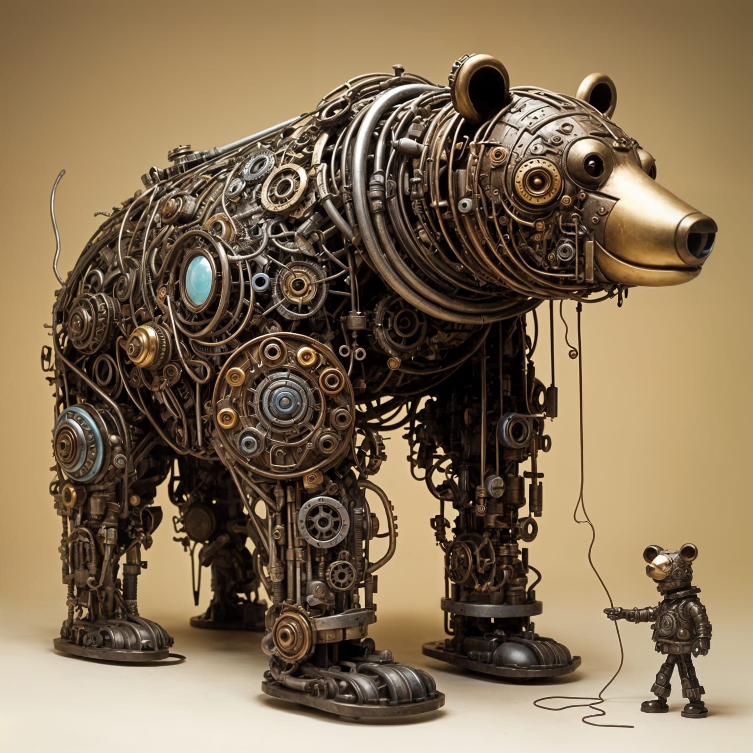Steampunk Mechanical Bear Sculpture with Scrap Metal Details