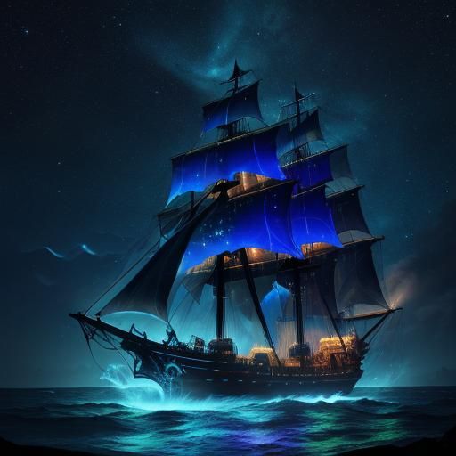 (Pirate ship sailing into a bioluminescence sea with a galax...