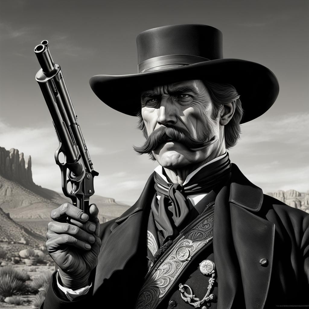 Wyatt Earp Portrait with Colt Revolver as Oil Painting