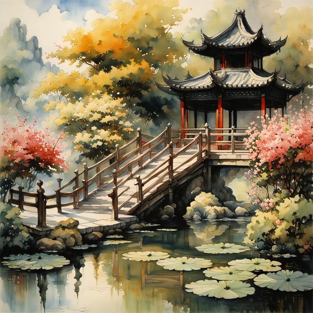 Chinese Pavilion Watercolor Painting with Lotus Pond