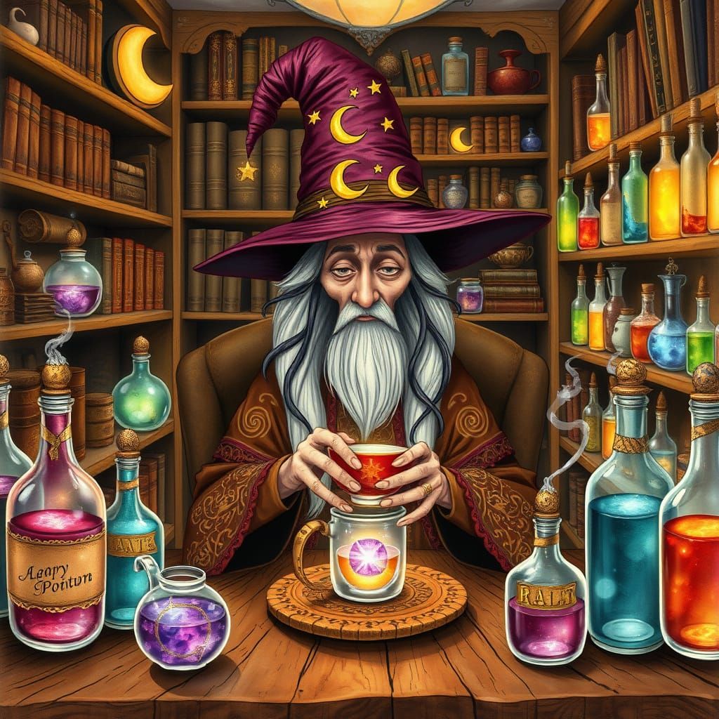 Whimsical Witch at Enchanted Tea Party in Mystical Tea Shop