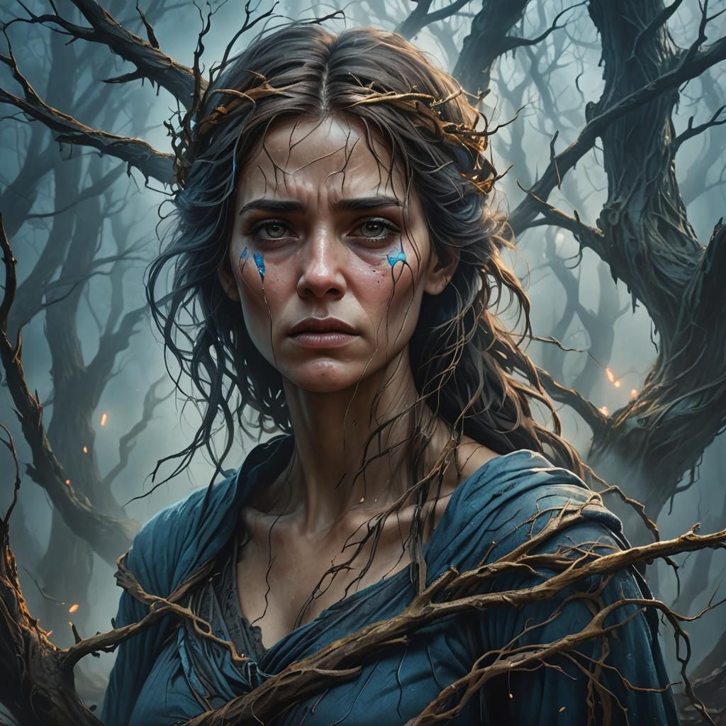 Sorrowful Woman in Mystical Forest: Digital Fantasy Art