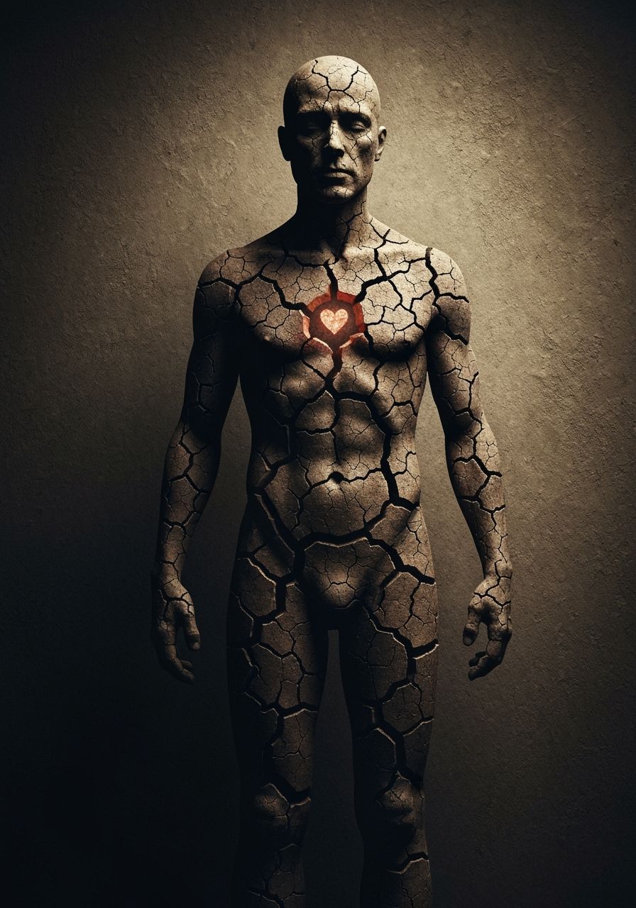Cracked Earth Figure With Glowing Heart Symbolizing Empathy