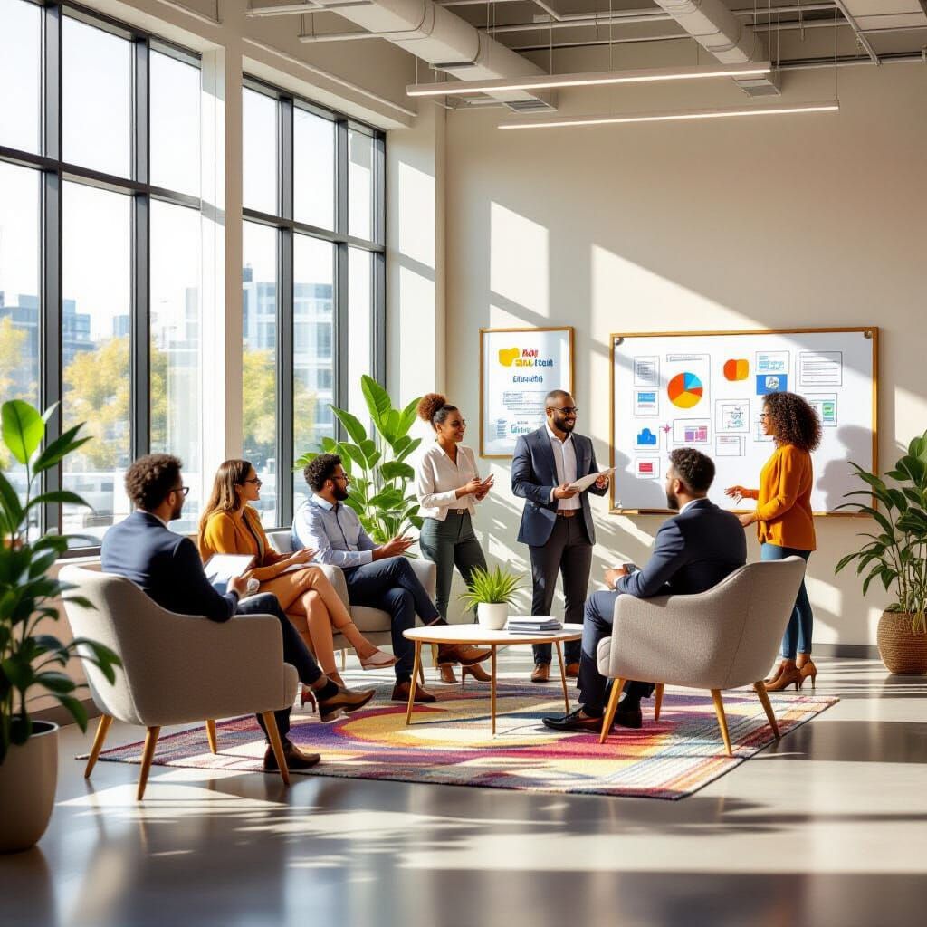Diverse Professionals Collaborate in Sunlit Modern Office