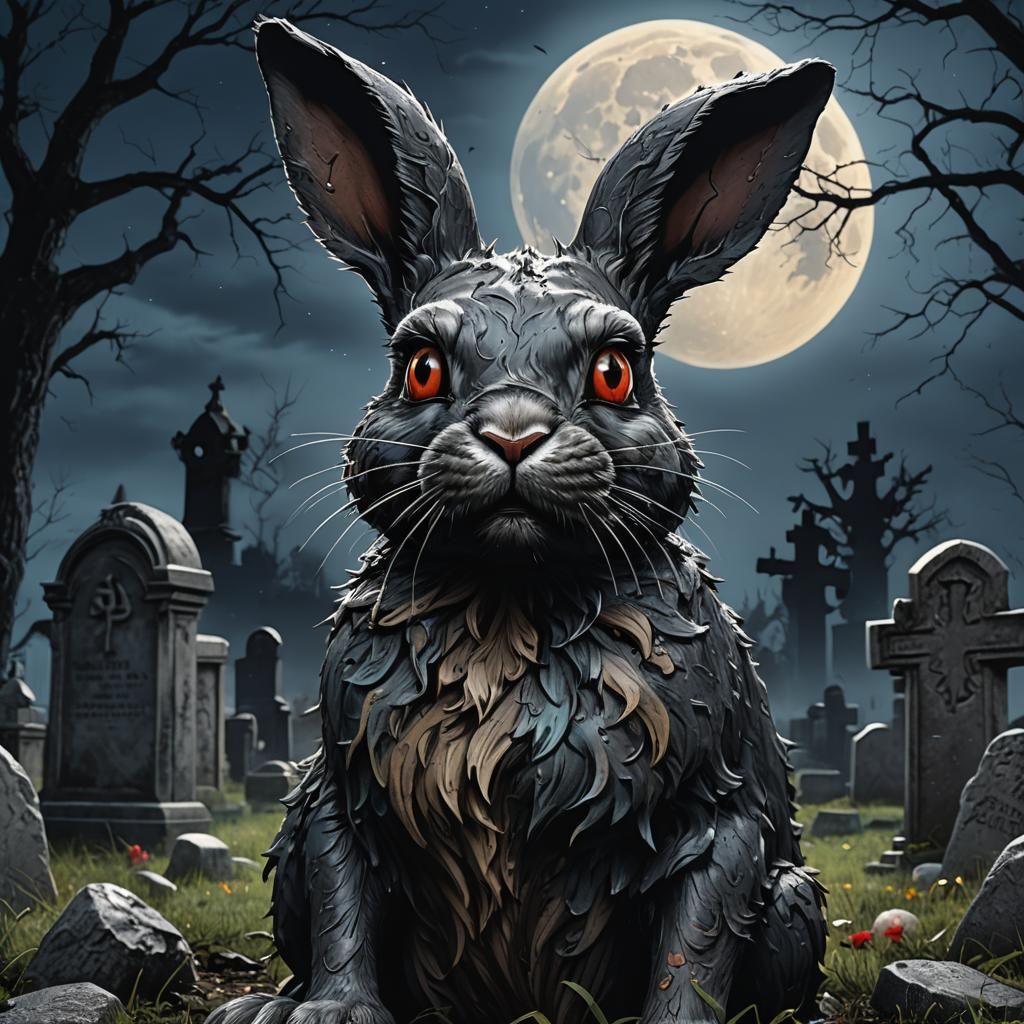 Horror Bunny in Cemetery Under Full Moon