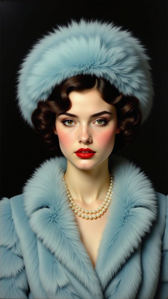 Elegant Young Woman in Fur Hat and Pearls