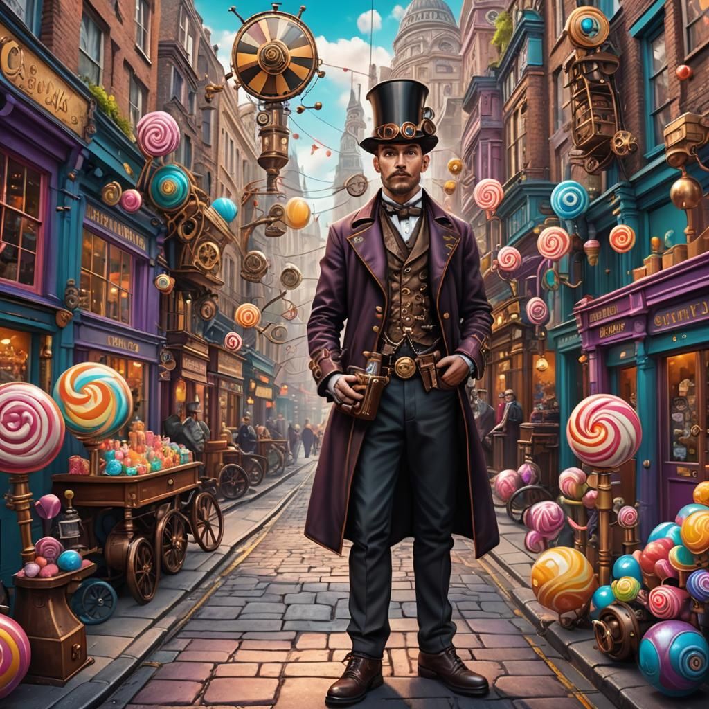 Steampunk Inventor in Whimsical London: Candy Art Style