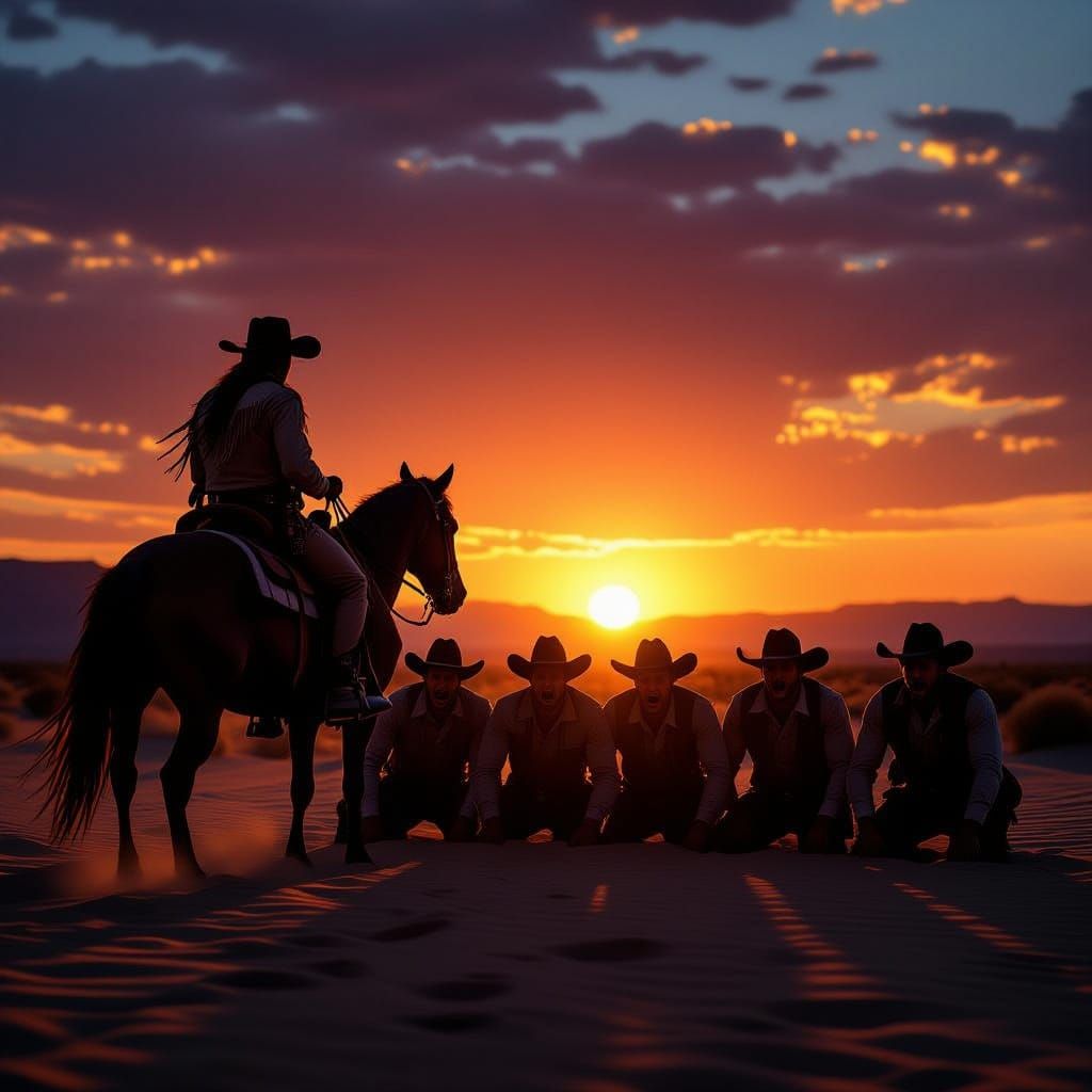 Indigenous Rider and Desperate Cowboys at Sunset