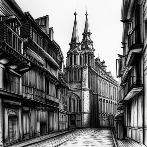 Intricate Charcoal Drawing of Old Architecture