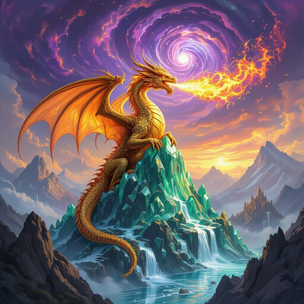 Molten Gold Dragon Breathes Fire Over Jewel Mountains