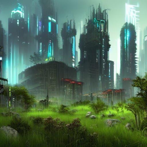 Overgrown Cyberpunk City in Detailed Matte Painting