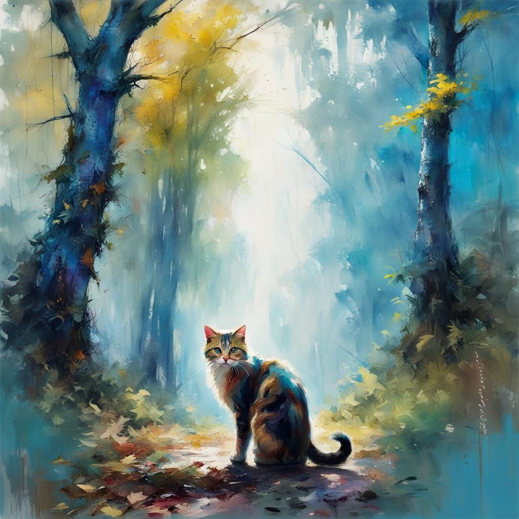 Enchanted Blue Forest Painting of a Cat
