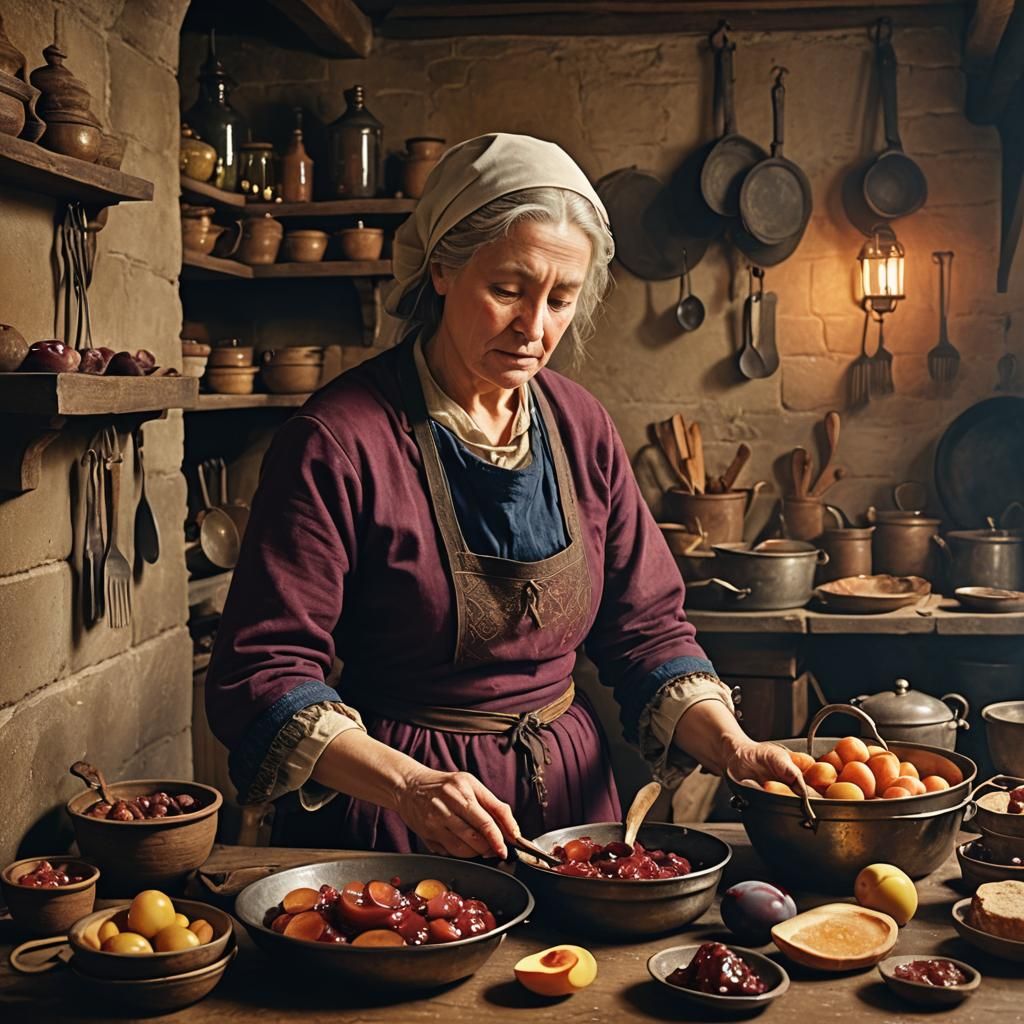 Polish Woman Cooking Plum Preserves in Netherlandish Realism
