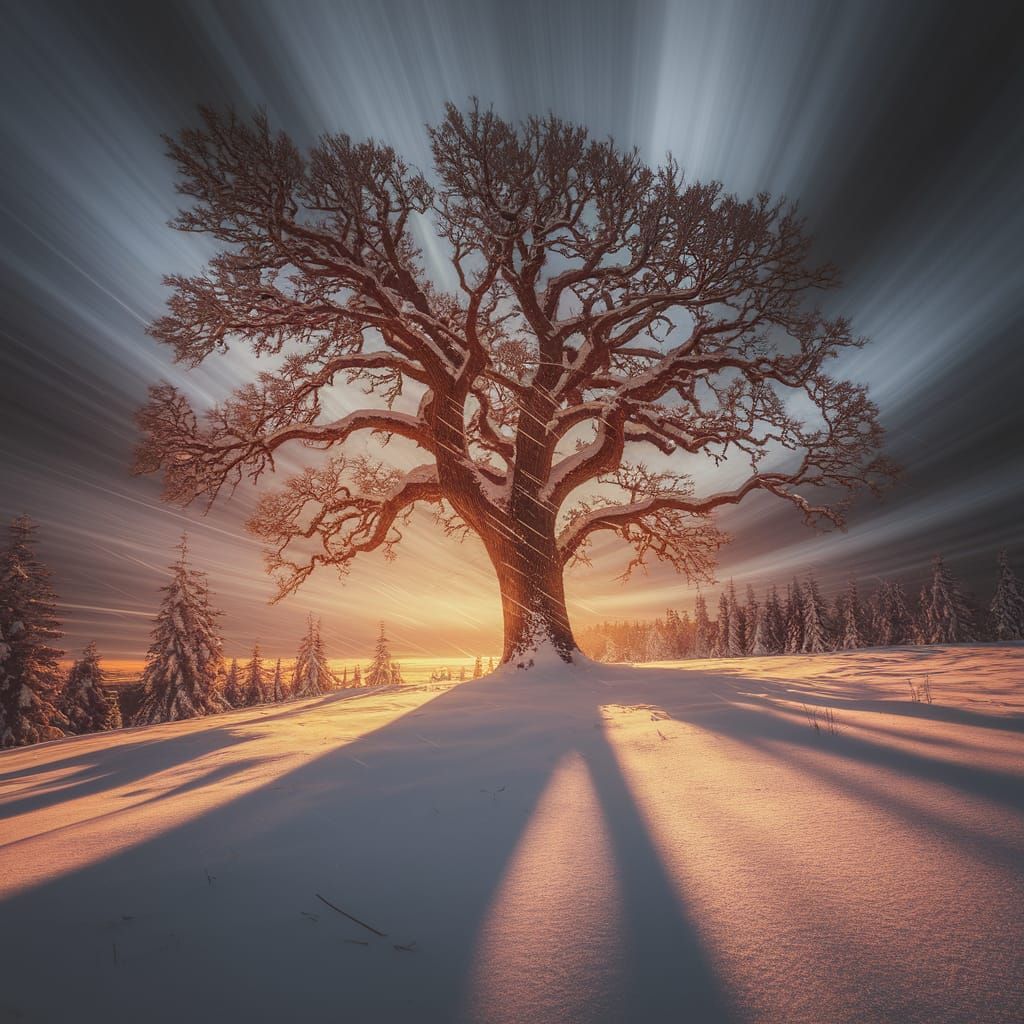 Solitary Oak in Winter's Amber Glow
