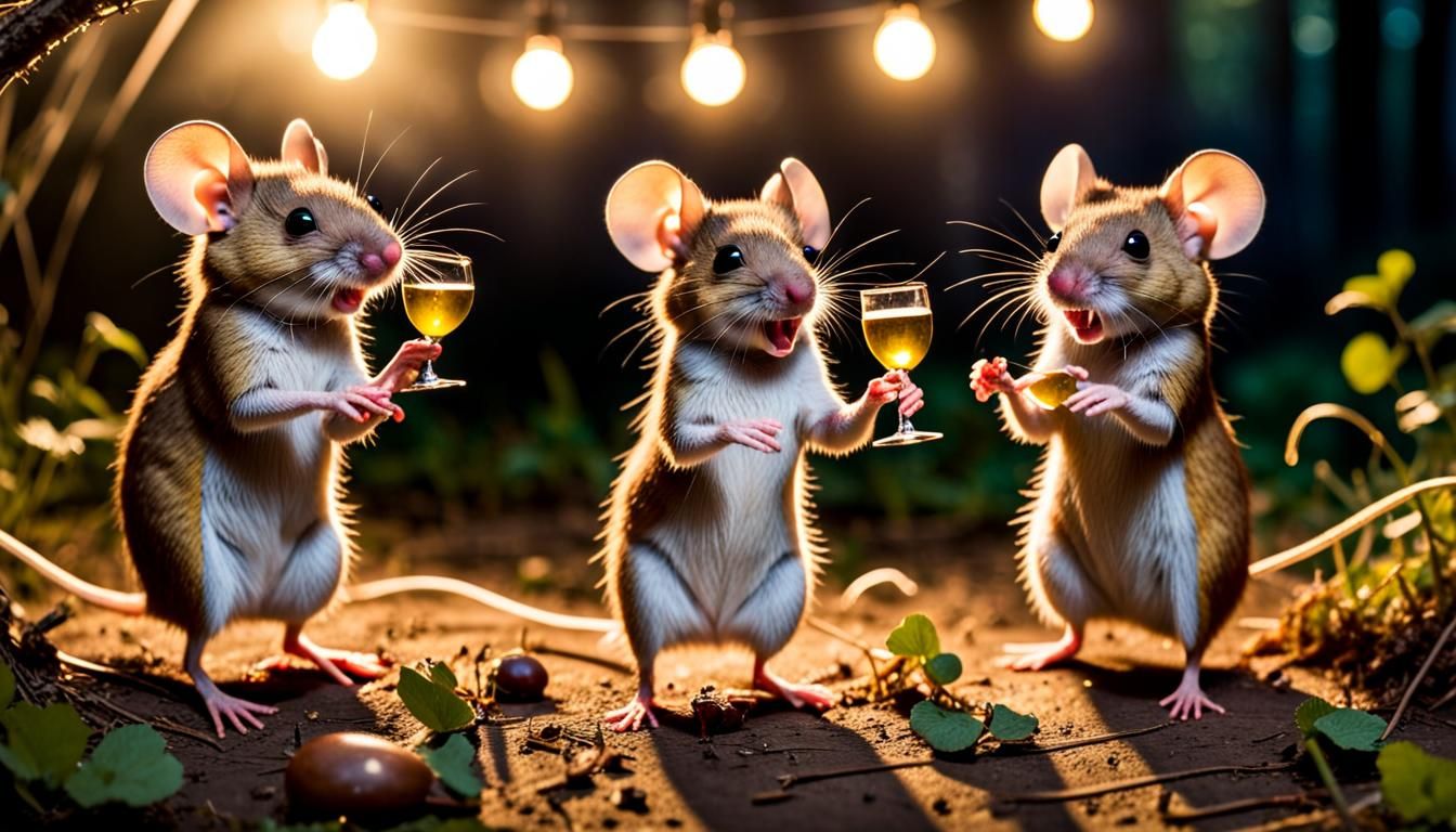 Festive Field Mice Party in Forest Clearing
