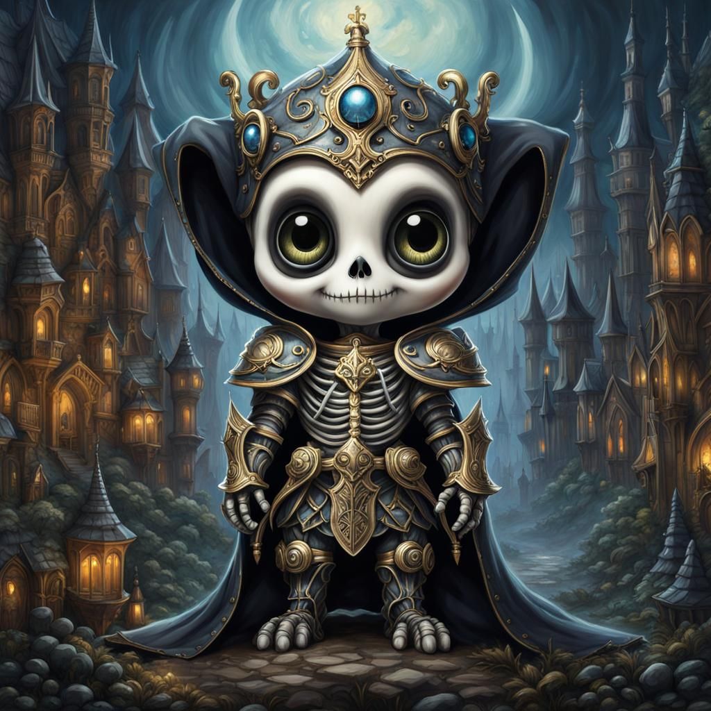 Cute Baby Skeleton Knight in Gothic City