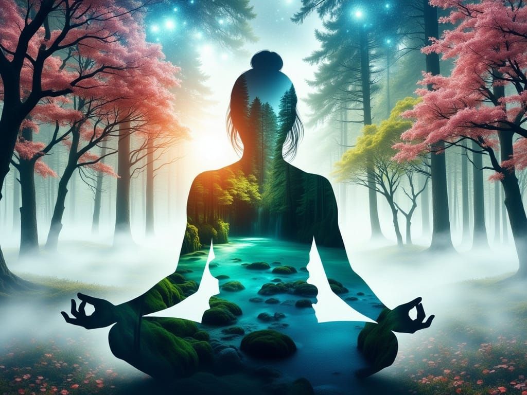 Surreal Woman Unites with Cosmic Nature in Vibrant Double Ex...