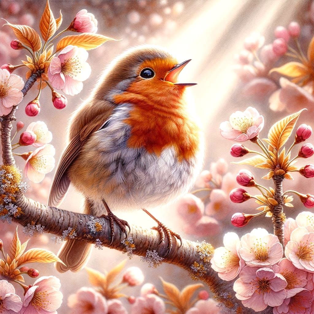 Whimsical Spring Robin in Cherry Blossom Wonderland