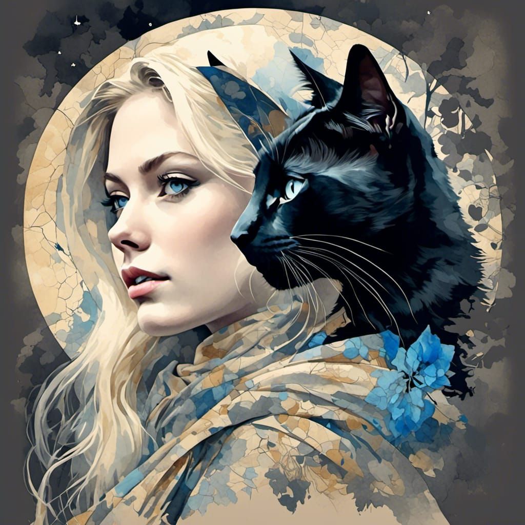 Double Exposure: Woman, Cat, Moon in Watercolor