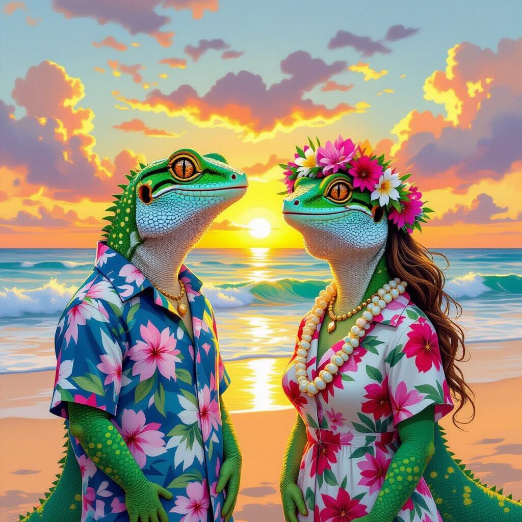 Gecko Romance at Sunset: Whimsical Beach Scene
