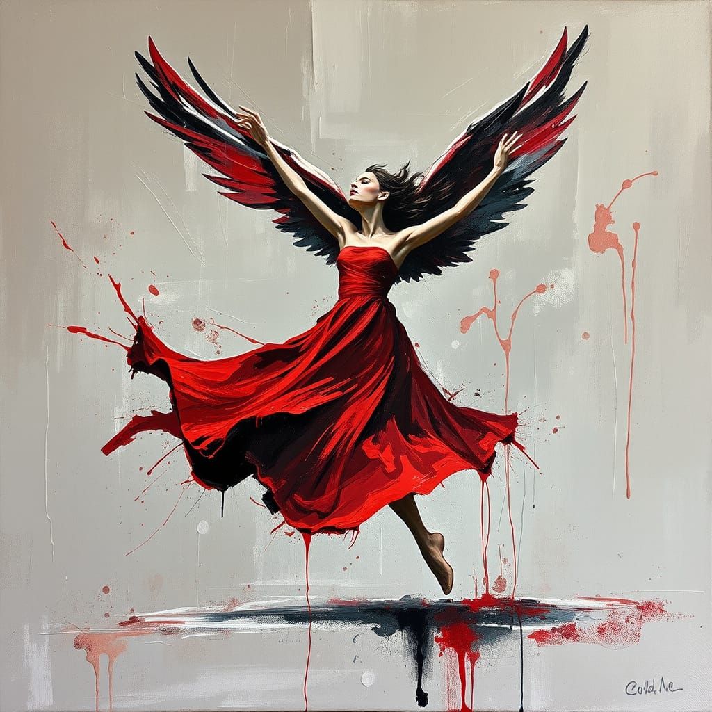 Winged Dancer in Red Dress, Abstract Expressionist Oil Paint...
