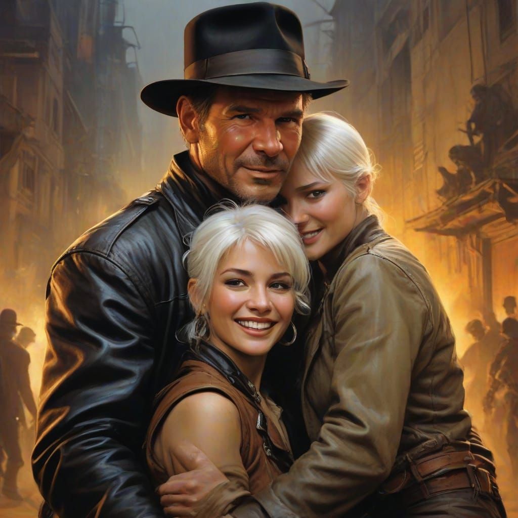 Indiana Jones Smiles with Lady in Leather Jacket