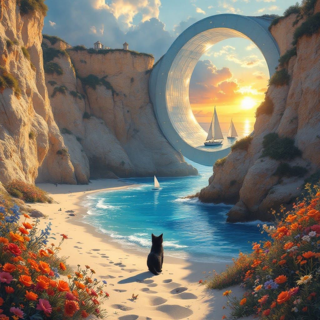 Black Cat Surveys Breathtaking Beach Scene with Spiraling Po...