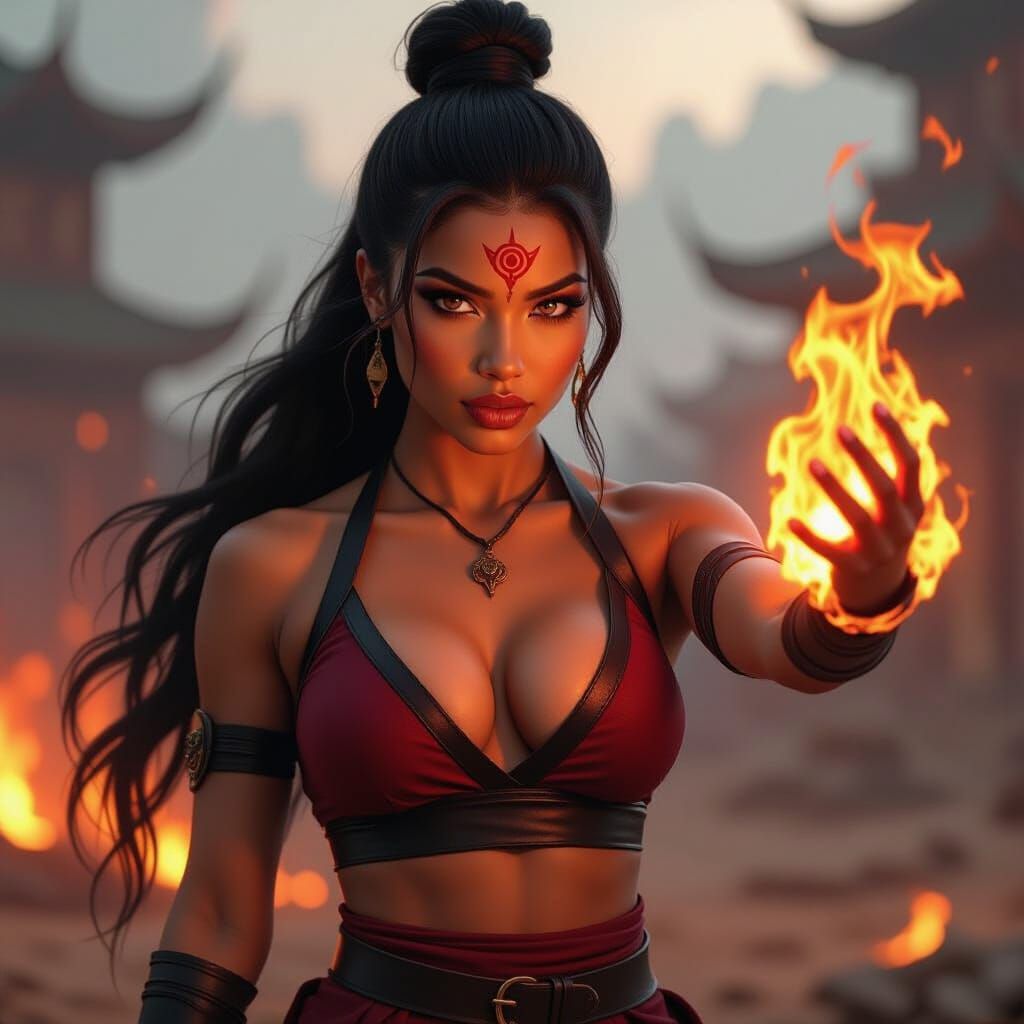 Curvy Black Woman with Red Third Eye and Firebending