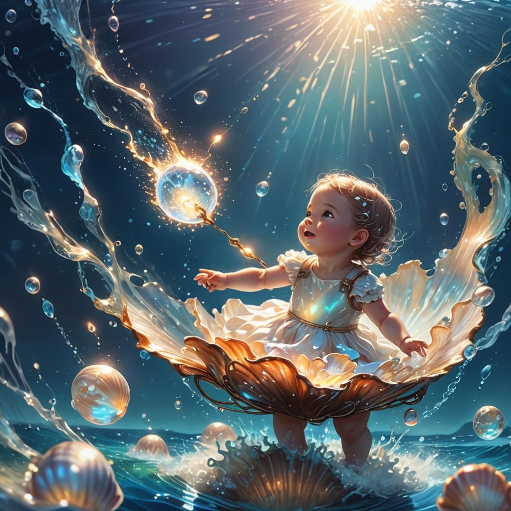 Magical Baby Girl in Shell, Fantasy Ocean Art