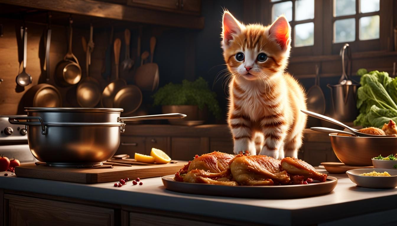 I saw a kitten eating chicken in the kitchen