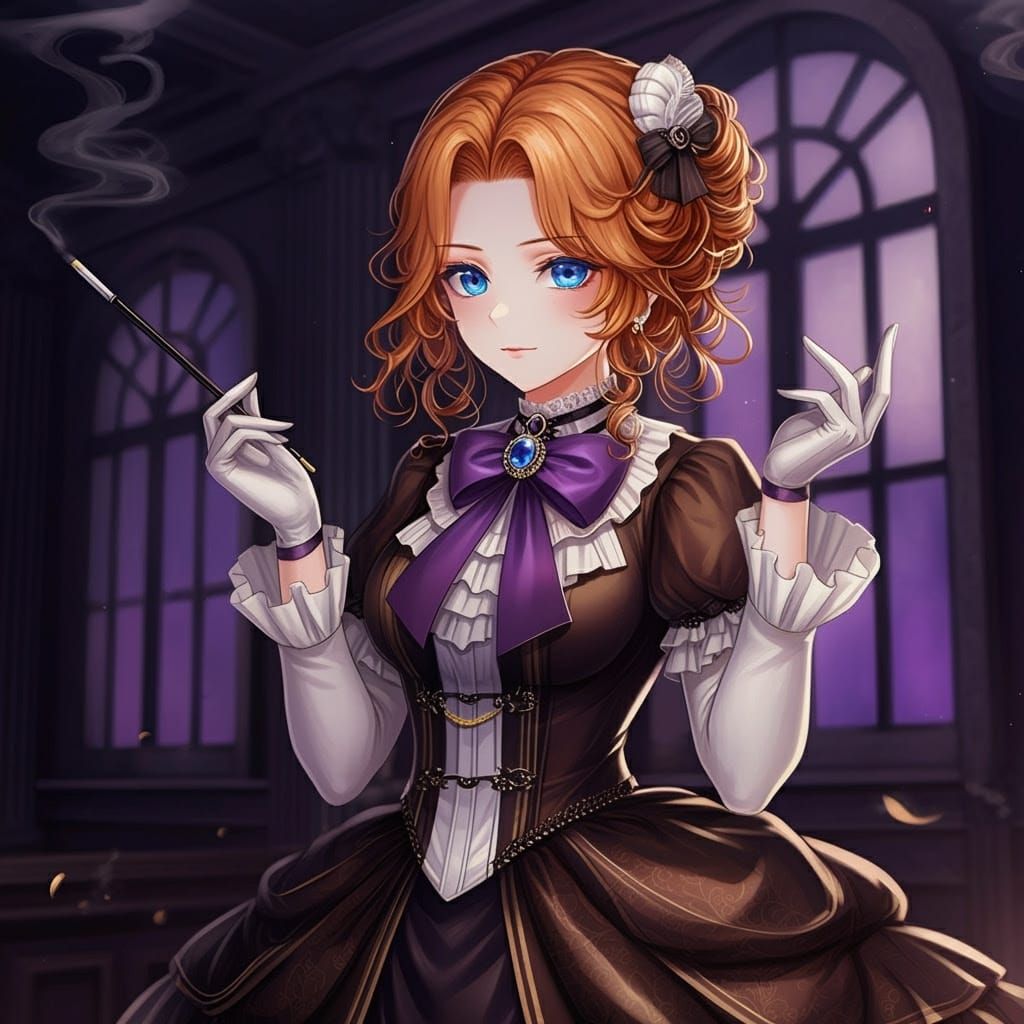 Elegant Victorian Anime Vixen Puffs on a Cigarette