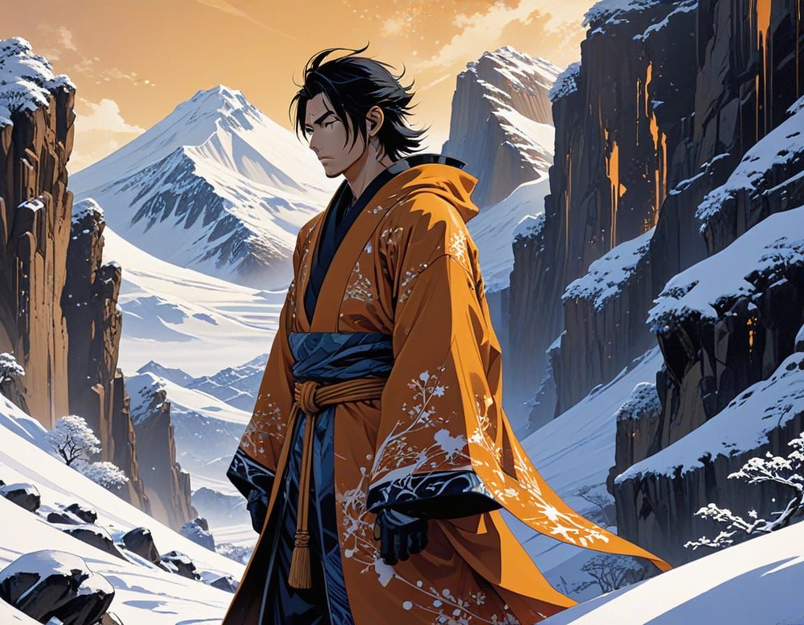 Confident Ainu Shaman Stands Tall in Snowy Mountain Landscap...