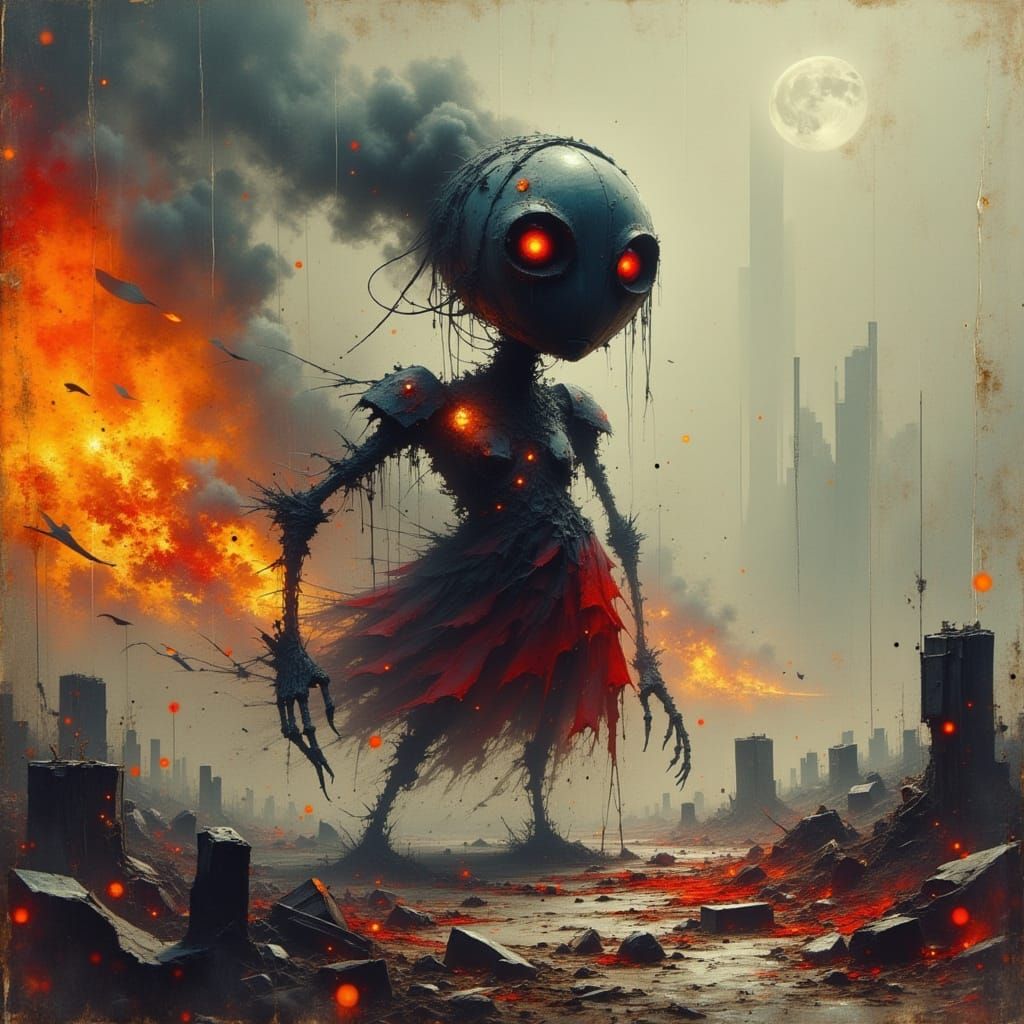 Dystopian Junk Robot in Fiery Wasteland Battle