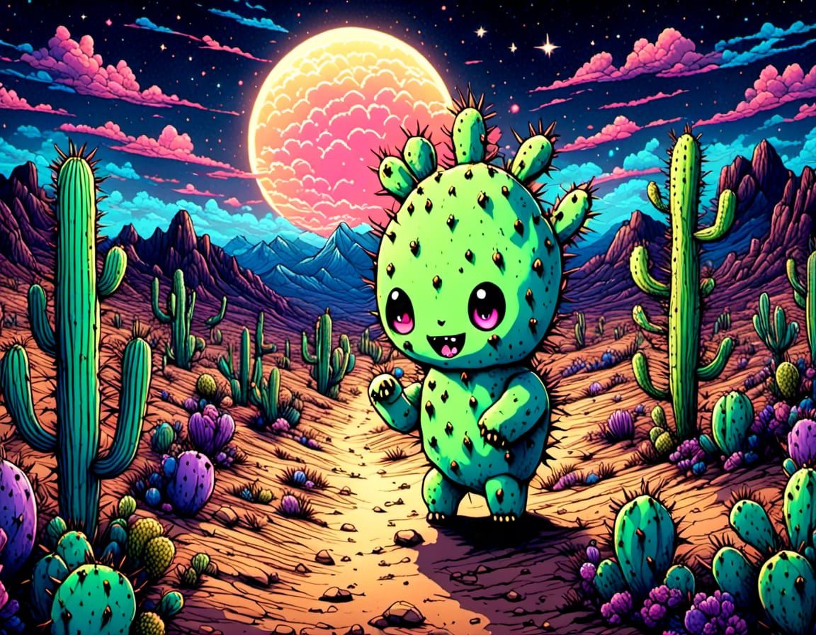 Creepy Cute Prickly Pear Chibi Monster in Neon Style