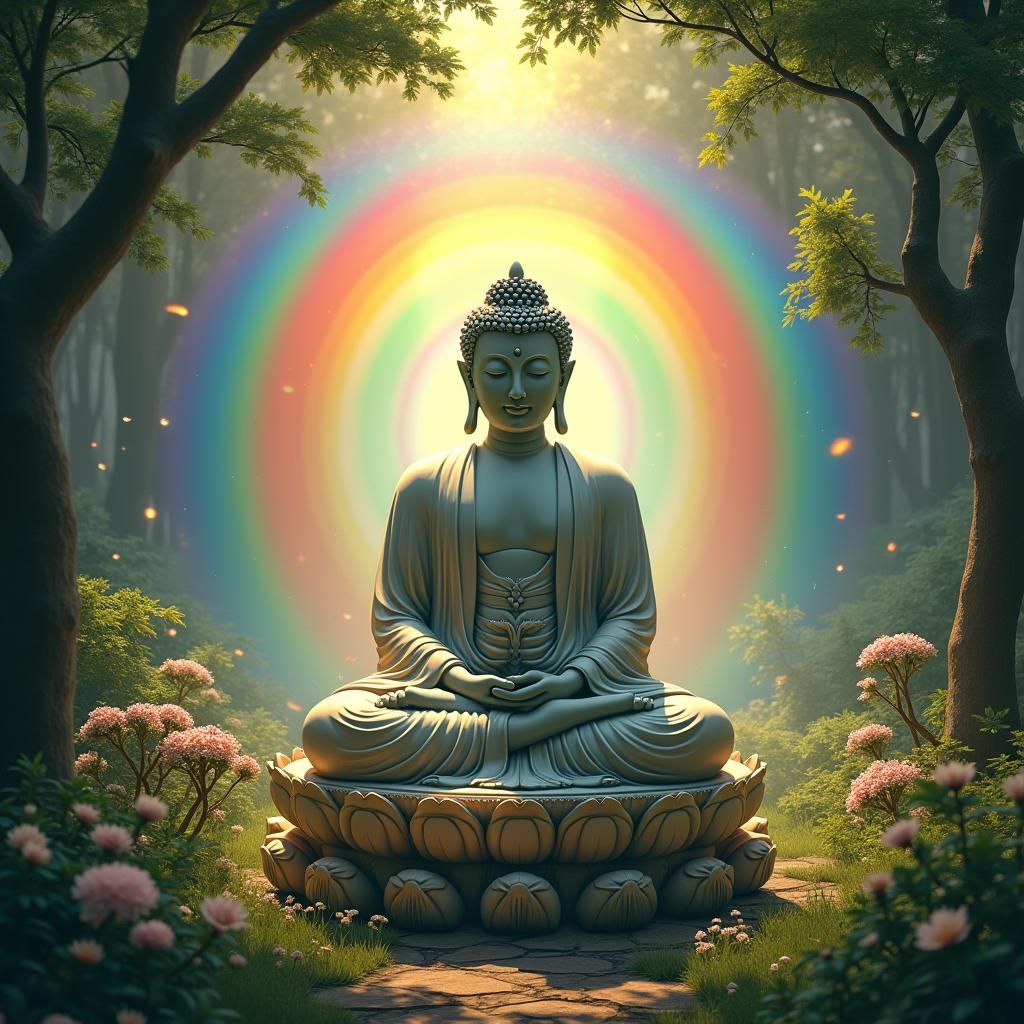 Buddha Statue Surrounded by Rainbows in Lush Garden