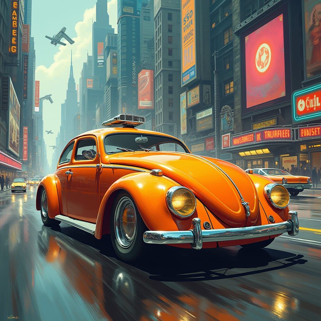 Retro-Futuristic Orange VW Beetle in Neon Cityscape