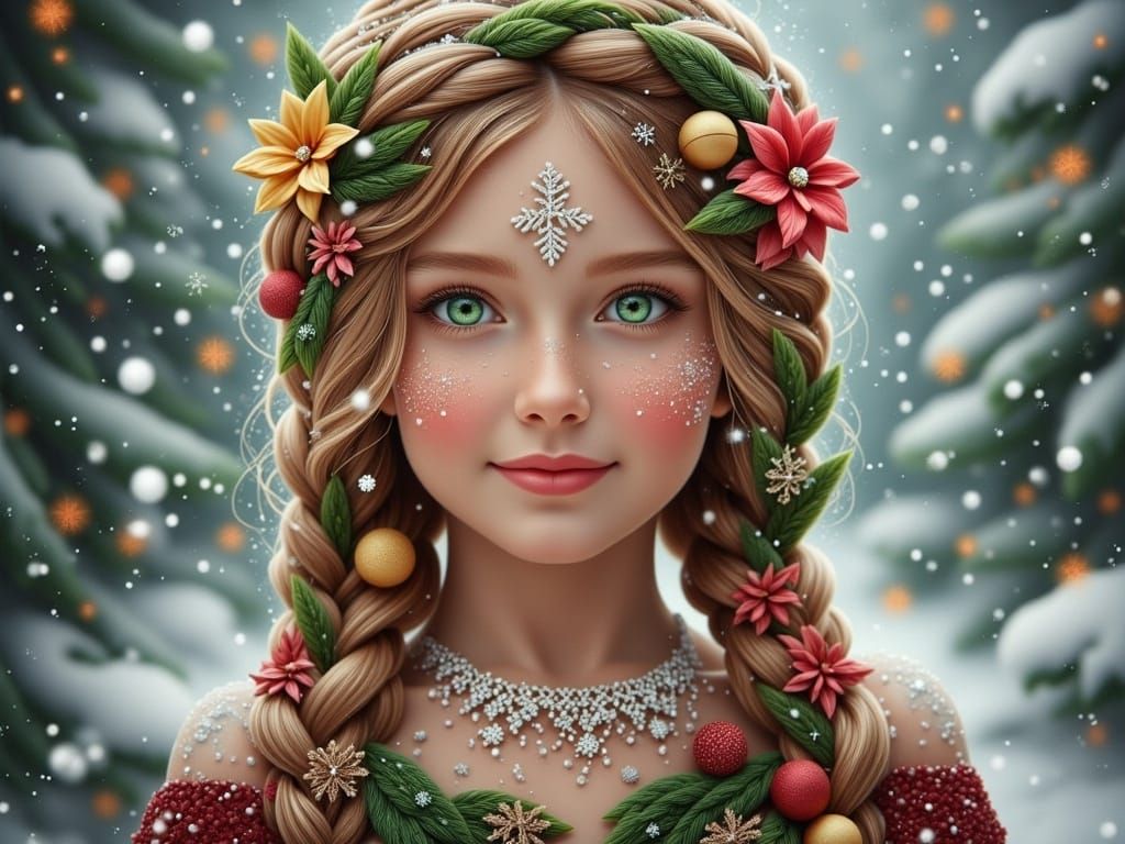 Winter Fantasy Princess in Braided Hair with Xmas Decoration...