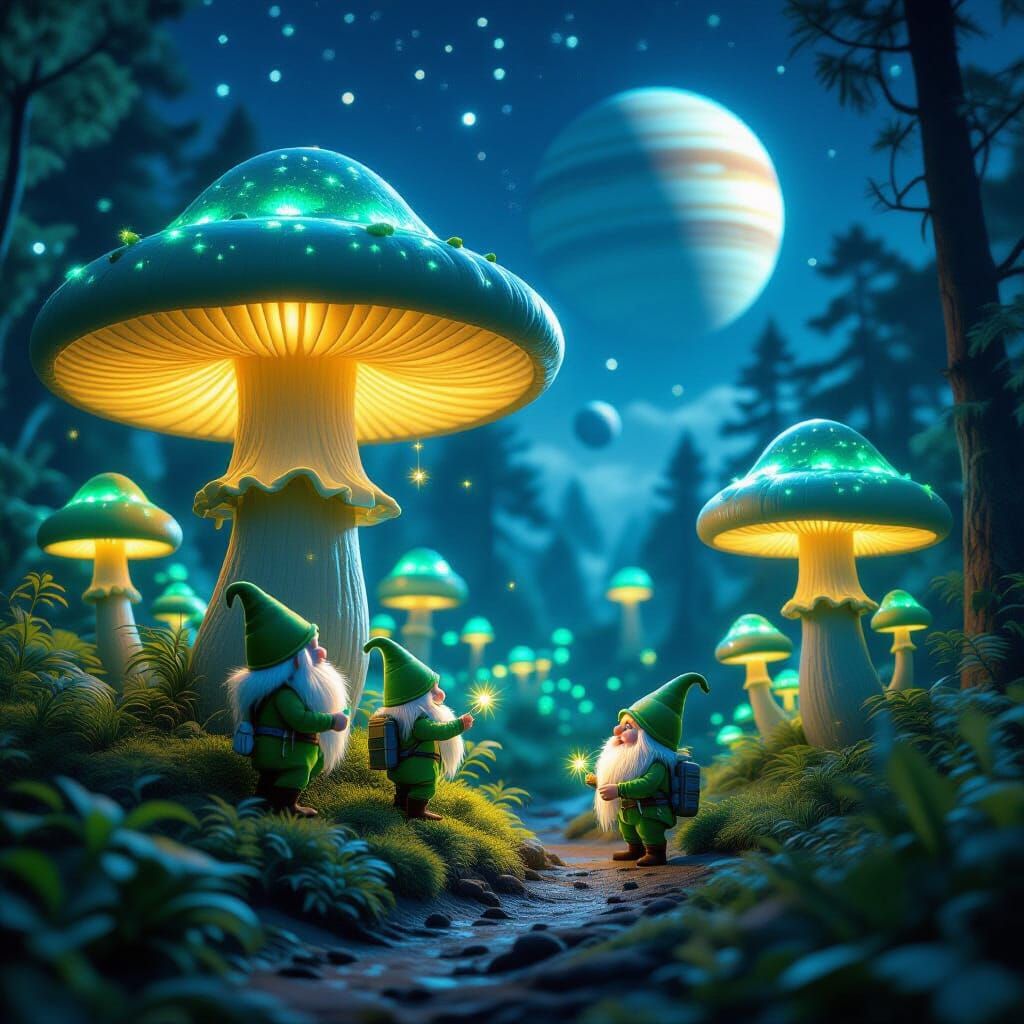 Bioluminescent Alien Mushroom Forest with Space Gnomes