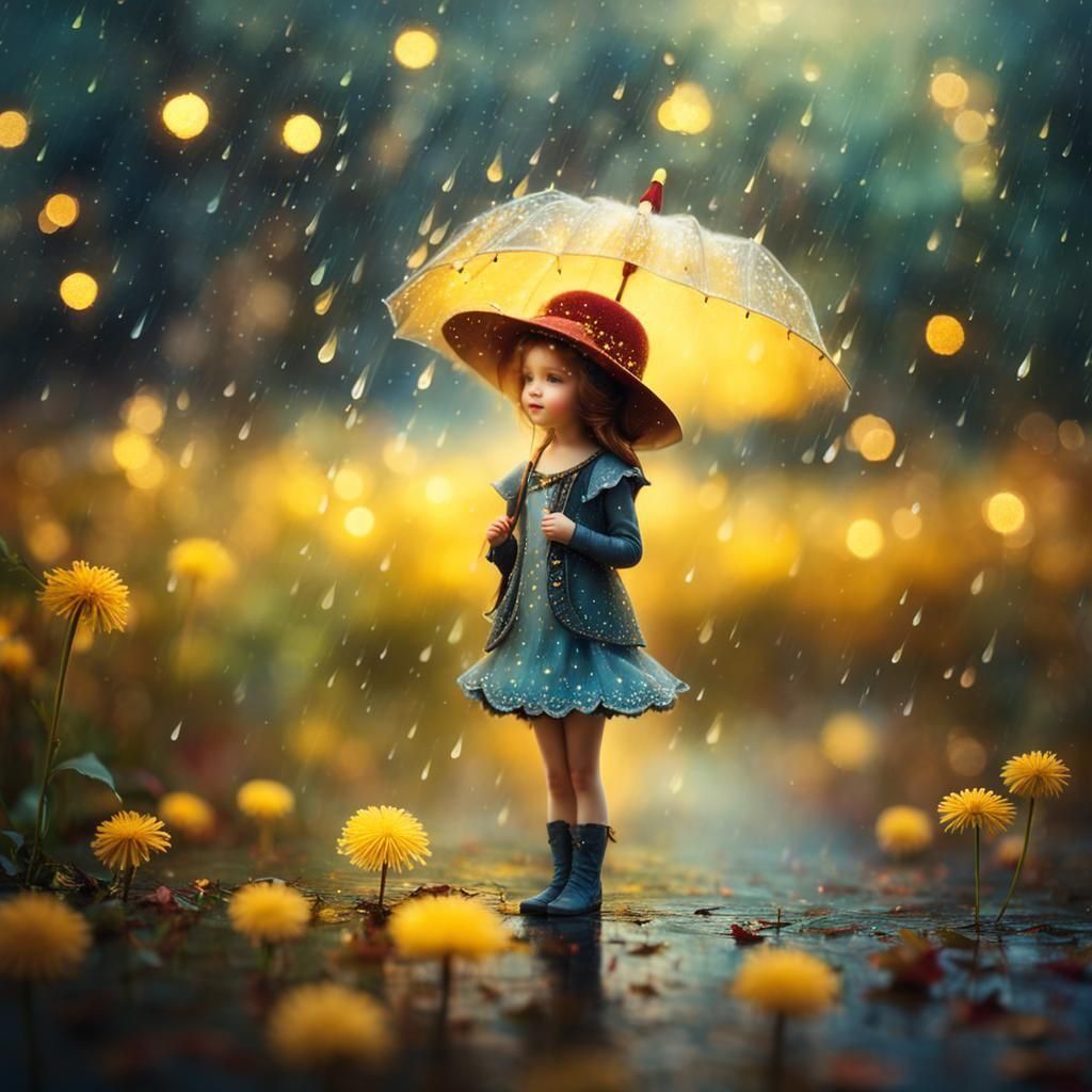 Whimsical Fairy in Rainy Autumn Scene