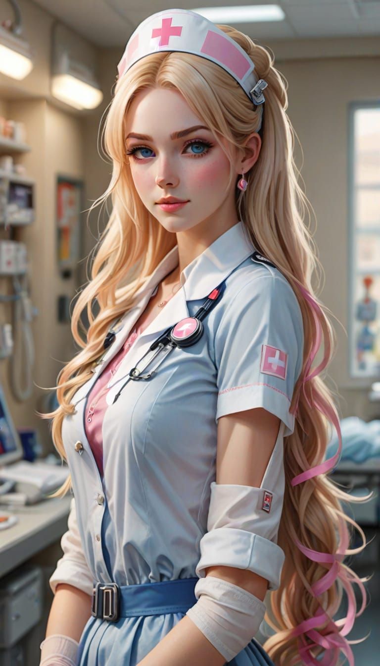 Vibrant Nurse in Hospital with Sparkly Eyes and Twin Tails