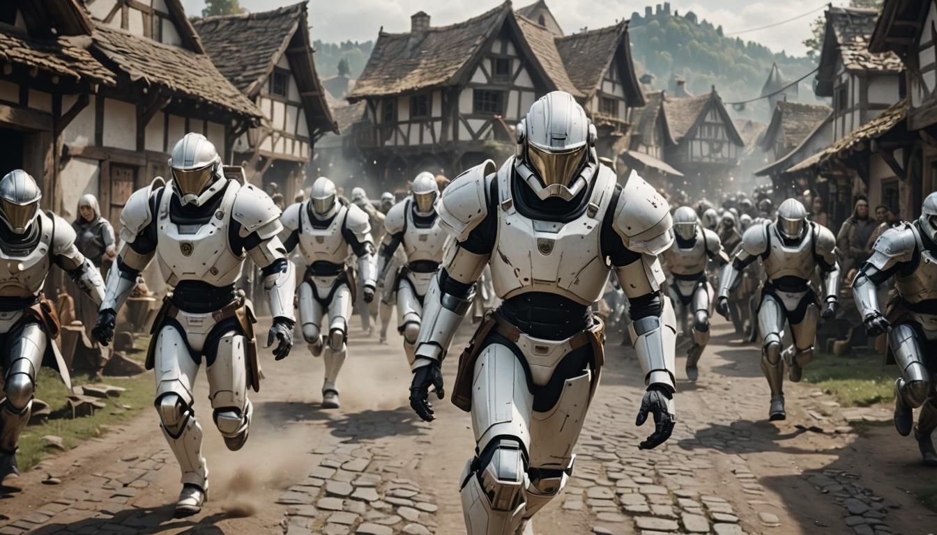 Medieval Village Attacked by Cyber-Armored Androids