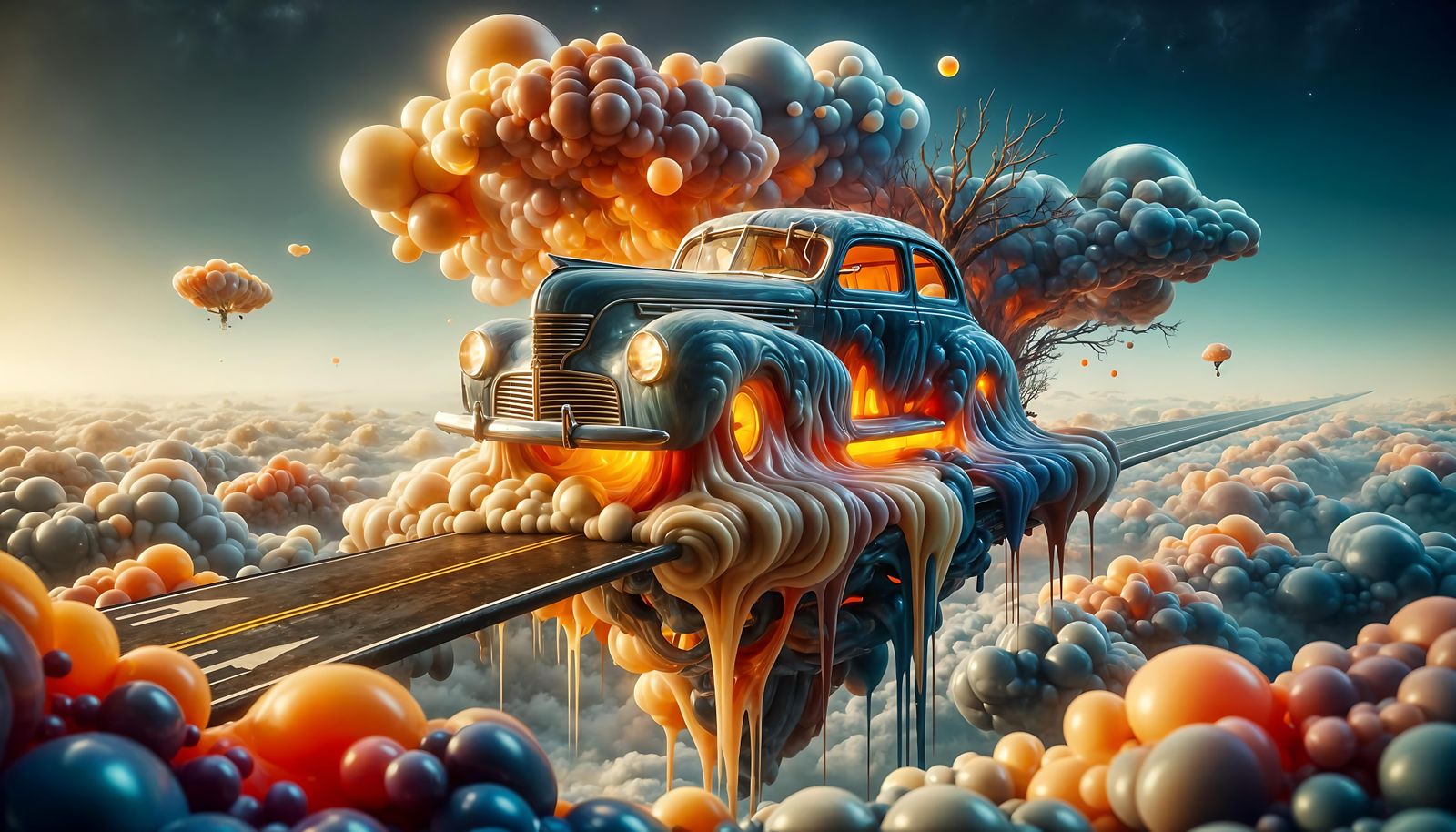 Melting Retro Car in Surreal Dreamscape