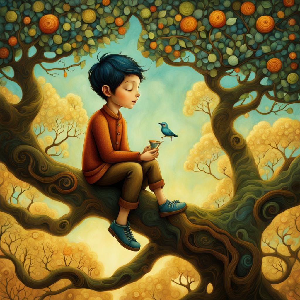 Boy on Branch: Digital Painting in Nostalgic Style