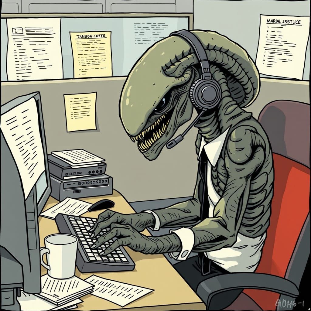 Alien Call Center Clerk in Dark Humor Style