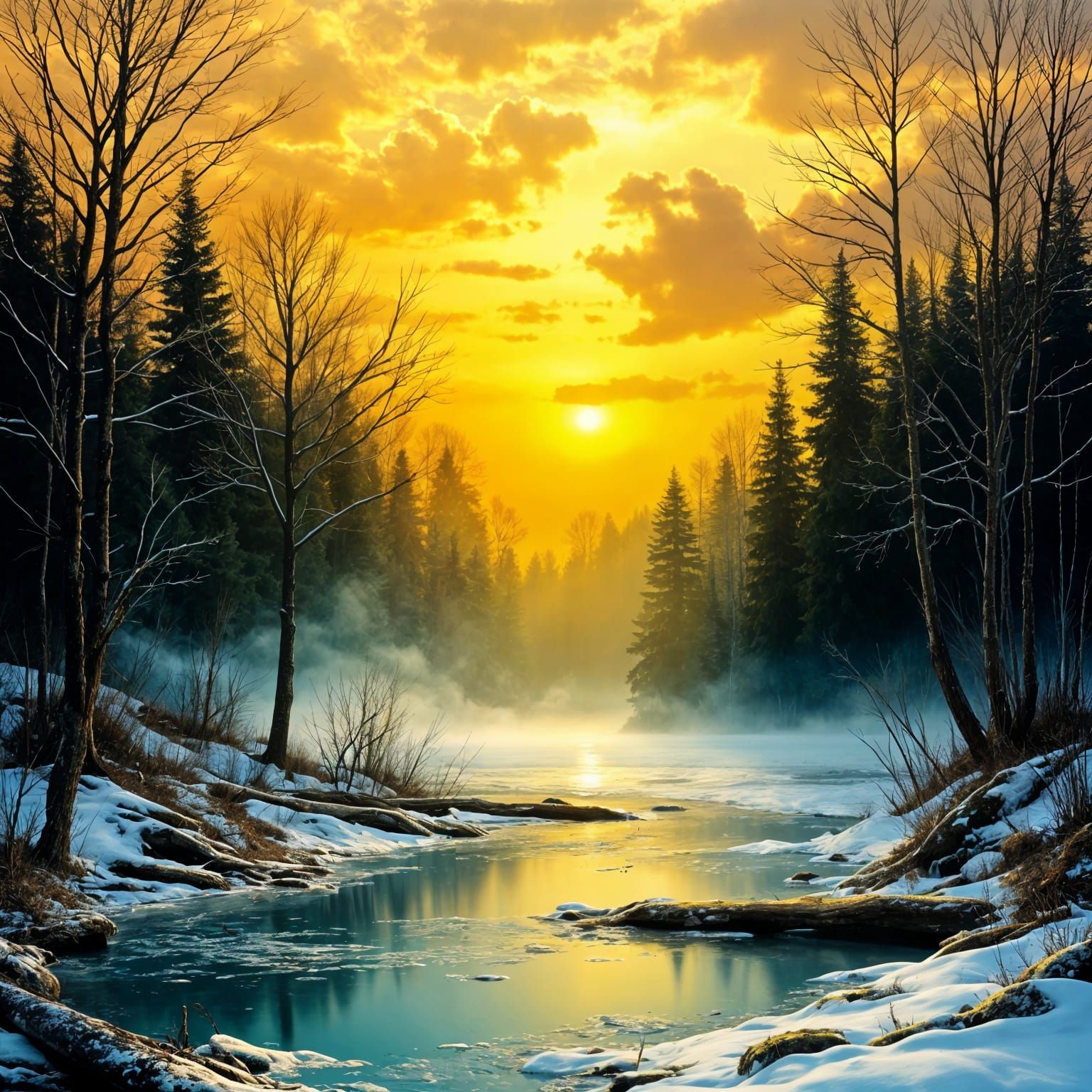 Fading Sunset Over Misty Fir Forest Oil Painting