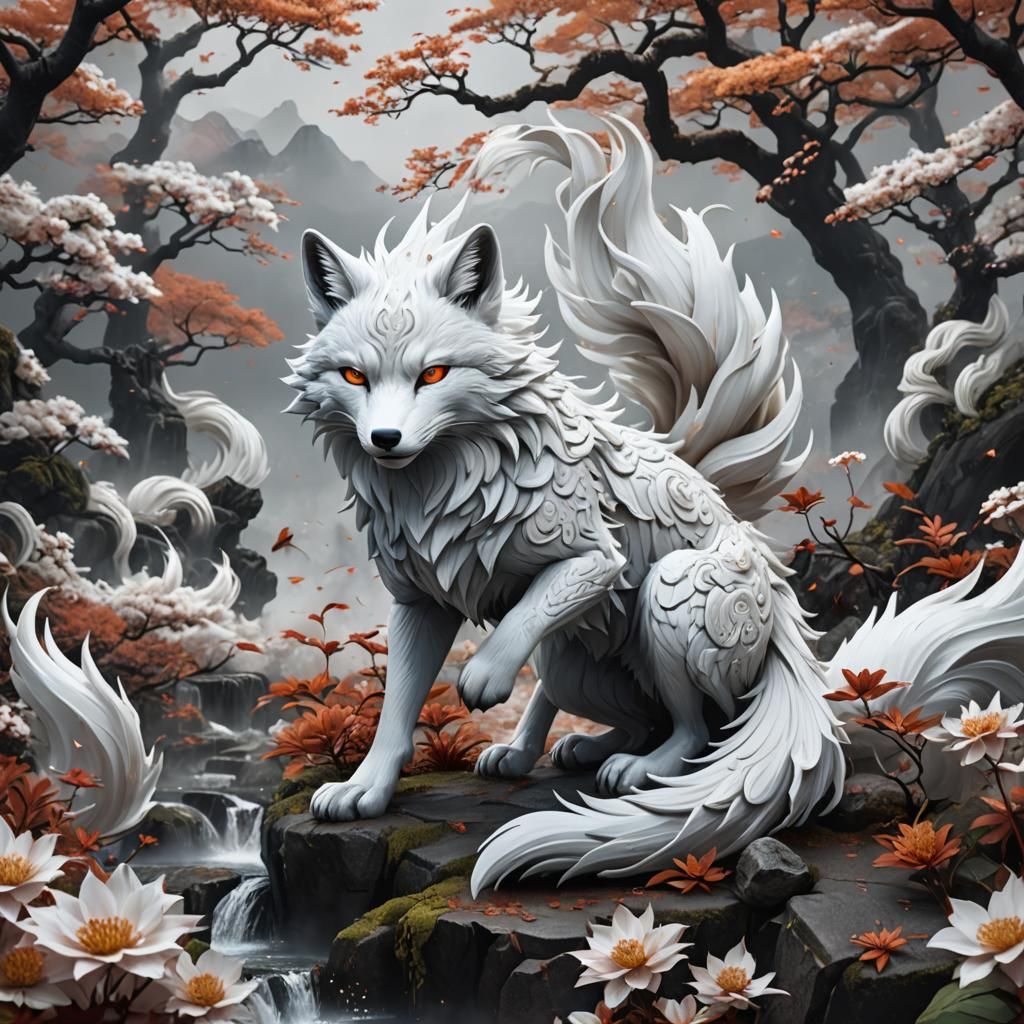 Elegant White Nine-Tailed Fox in Detailed Matte Painting