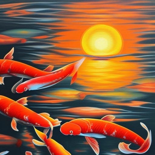 Koi Fish in Sunset: An Oil Painting