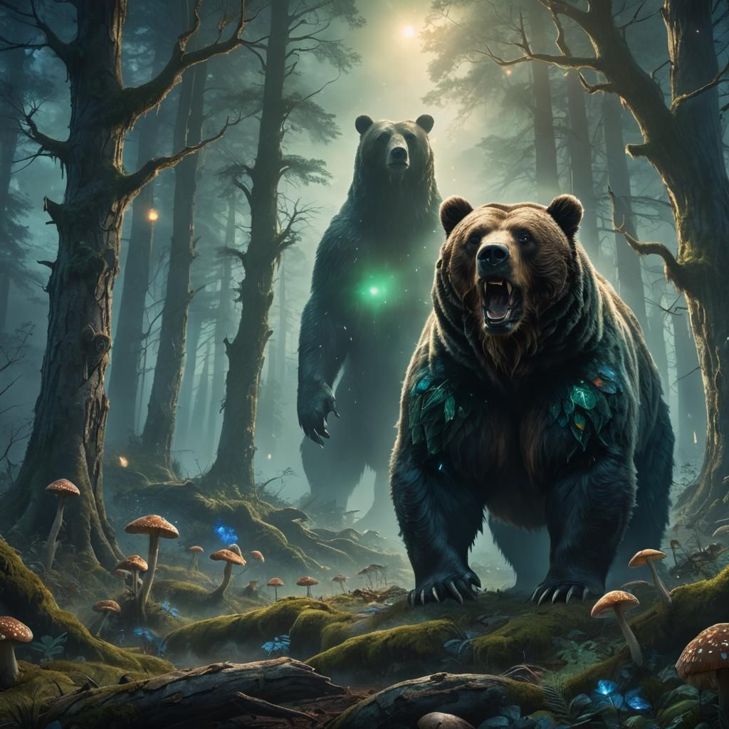Majestic Bear in Mystical Forest: Digital Matte Painting