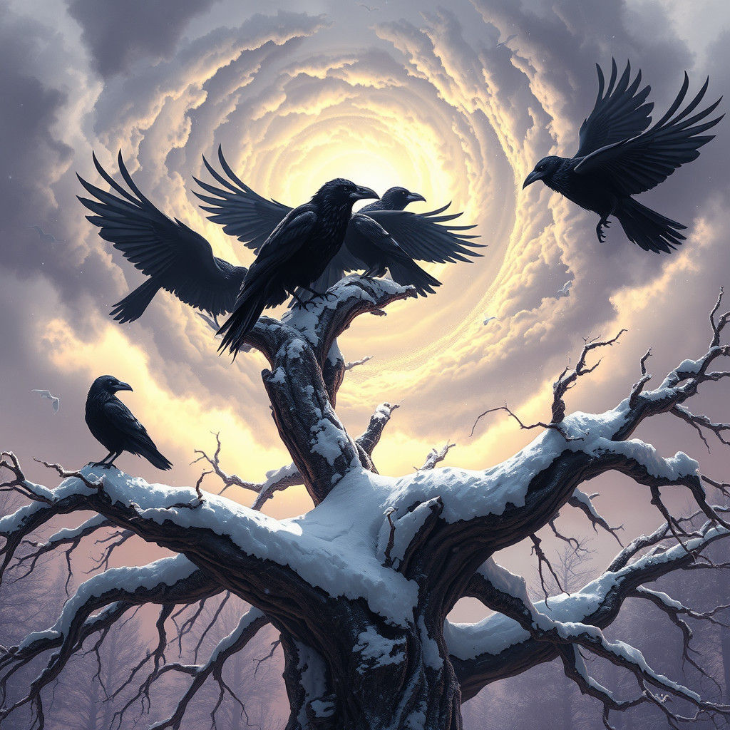 Ravens in Mystical Winter Wonderland, Dark Fantasy Art