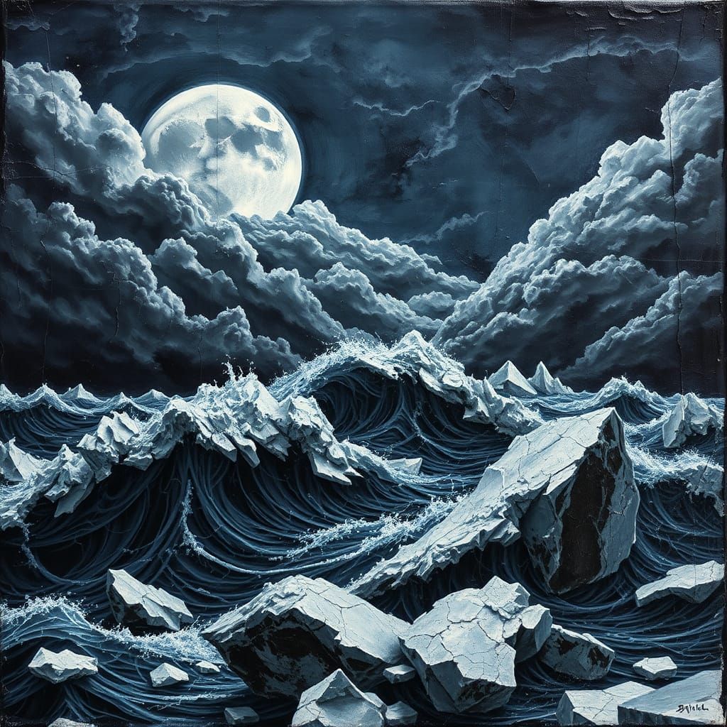 Stormy Ocean Beneath Ice Moon in Impasto Style
